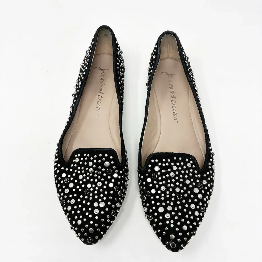 Jean Michael Cazabat Vanity Black Studded and Jeweled Point Toe Flats 38.5 (8.5)